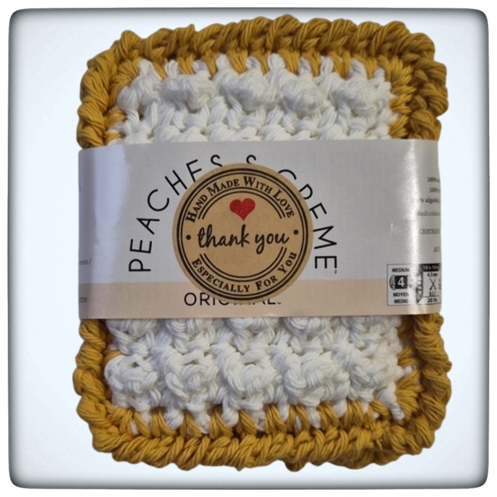 Handmade Crocheted Absorbant Dish Scrubbie Sponge-Reusable -White and Gold